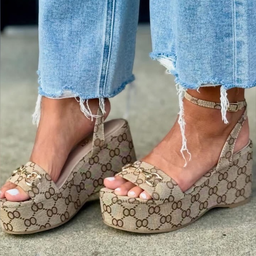 Western monogram designer wedges with gold horse bit ( snaffle bit) NWT